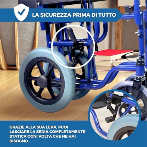 Mobiclinic®, Carrozzina pieghevole, Maestranza, Freni di stazionamento, Seduta da 45 cm, Pedane rimovibili, Braccioli pieghevoli e imbottiti, Ruote piccole, Robusta, Colore blu - 8