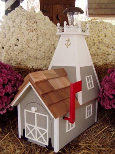 Amish Handmade Handcrafted Rural Mailbox Solar Lighthouse Lt. Gray & White