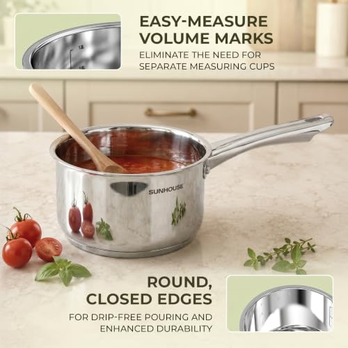 Image of Sunhouse 2 QT Stainless Steel Sauce Pan with Lid, Small Pot for Cooking, PFOA-Free, Advanced Impact Bonding Induction Base Mini Saucepan, Compatible with Induction, Ceramic, Gas