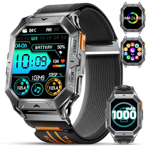 FEELNEVER Military Smart Watch for Men with 1000mAh Battery,2.13'' Amoled Large Smartwatch with Answer Make Call,Heart Rate/Blood Pressure Sleep Monitor,5ATM Waterproof Sport Fitness Watch,Nylon Strap