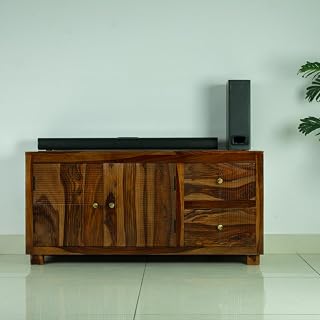 Solid Sheesham Wood TV Cabinet with Drawers Storage for Living Room Bedroom Home TV Entertainment Unit Console Table Furniture (HoneyFinish)