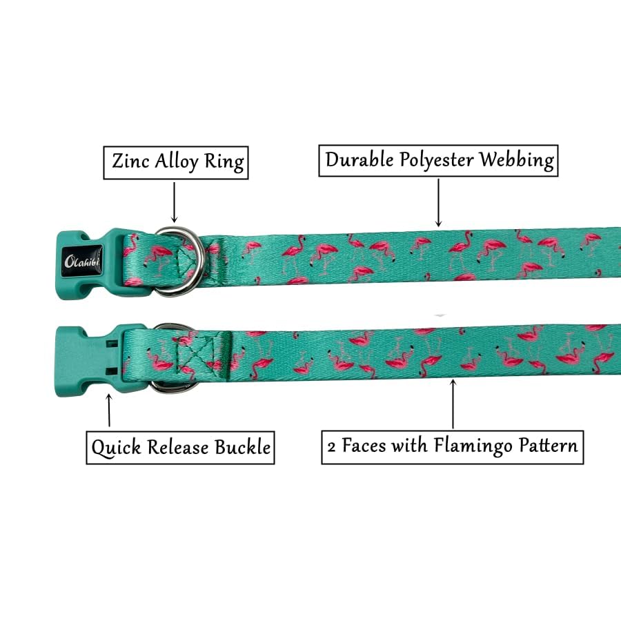 Olahibi Dog Collar Leash Combo Set, Flamingo Pattern, Polyester Webbing, Collar and 150CM Matching Leash, for Small Dogs.(S - Image 4
