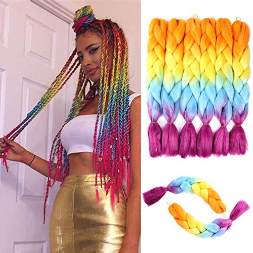 Jumbo Braiding Hair Extensions 24 Inch Ombre Synthetic Hair Crochet Braids Kanekalon Long Jumbo Braids For Box Twist Crochet Hair (Orange/Yellow/Blue/Purple)