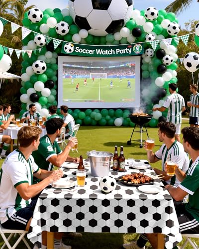 Image of Pureegg Soccer Party Decorations 2026 Plastic Tablecloth Disposable 8 Pack, Rectangle Table Cover 54 x 108 Inch, Sturdy Leakproof Plastic Table Cloth for Soccer Birthday Party, White and Black Soccer