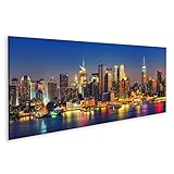 Taille: 120x40cm - Panorama islandburner Tableau sur Toile Manhattan Coucher de Soleil Nuit New York USA Cadre Affiche Poster Murale Tableaux