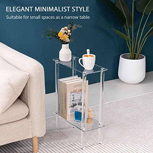 Hmyhum Acrylic Narrow Side Table For Small Spaces, 7" Wide Skinny Nightstand/Bedside Table For Bedroom, Slim Small End Table, 2 Tier, 15.7" L X 21.8" H, Clear #TOP2