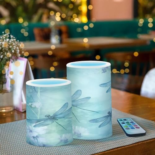 Image of Watercolour Dragonfly Flameless Candles, Flameless Candles with Remote Set of 2, Flameless Candles Battery Operated, Pillar Candles Home Decoration, Christmas, Party