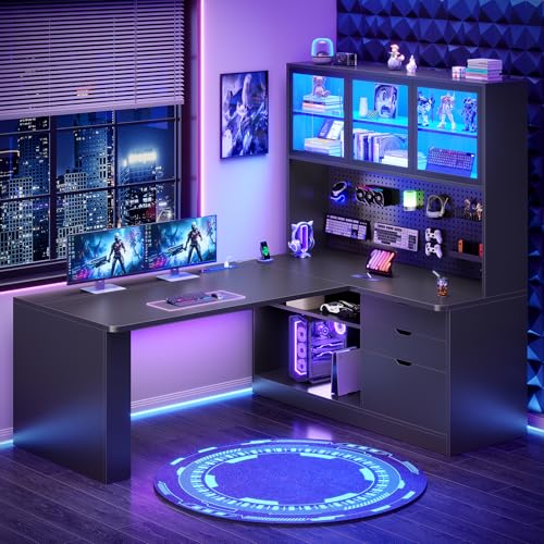 Image of SEDETA L Shaped Corner Gaming Desk with 3 Wood Drawer and Large Bookshelf