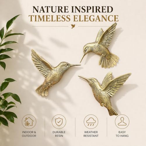 Image of GUSFREUD 3D Hummingbird Wall Decor Set - Brass Resin Bird Wall Decor for Living Room, Bedroom and Gallery Walls - Vintage Gold - Set of 3