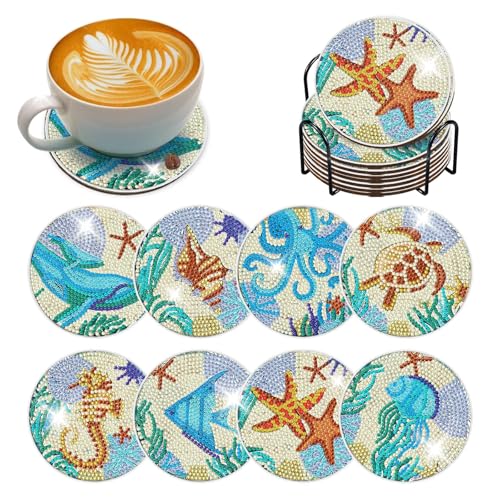 8 Piezas Posavasos para Bebidas con Soporte, Posavasos de Pintura de Diamantes 5D, para Decoración de la Vida en el Hogar e Bebidas de Bar, como Actividades Manuales, Tazas,Manualidades Adultos