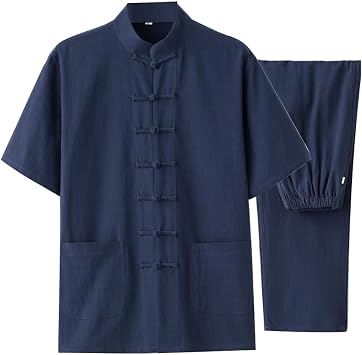Tang Suit Men Hanfu Chinese Traditional Clothes,Kung Fu Shirt Uniform Short Sleeves Coat Tops and Pants,Cotton Linen Tai Chi Clothing Martial Art Zen Meditation Unif blue-3XL
