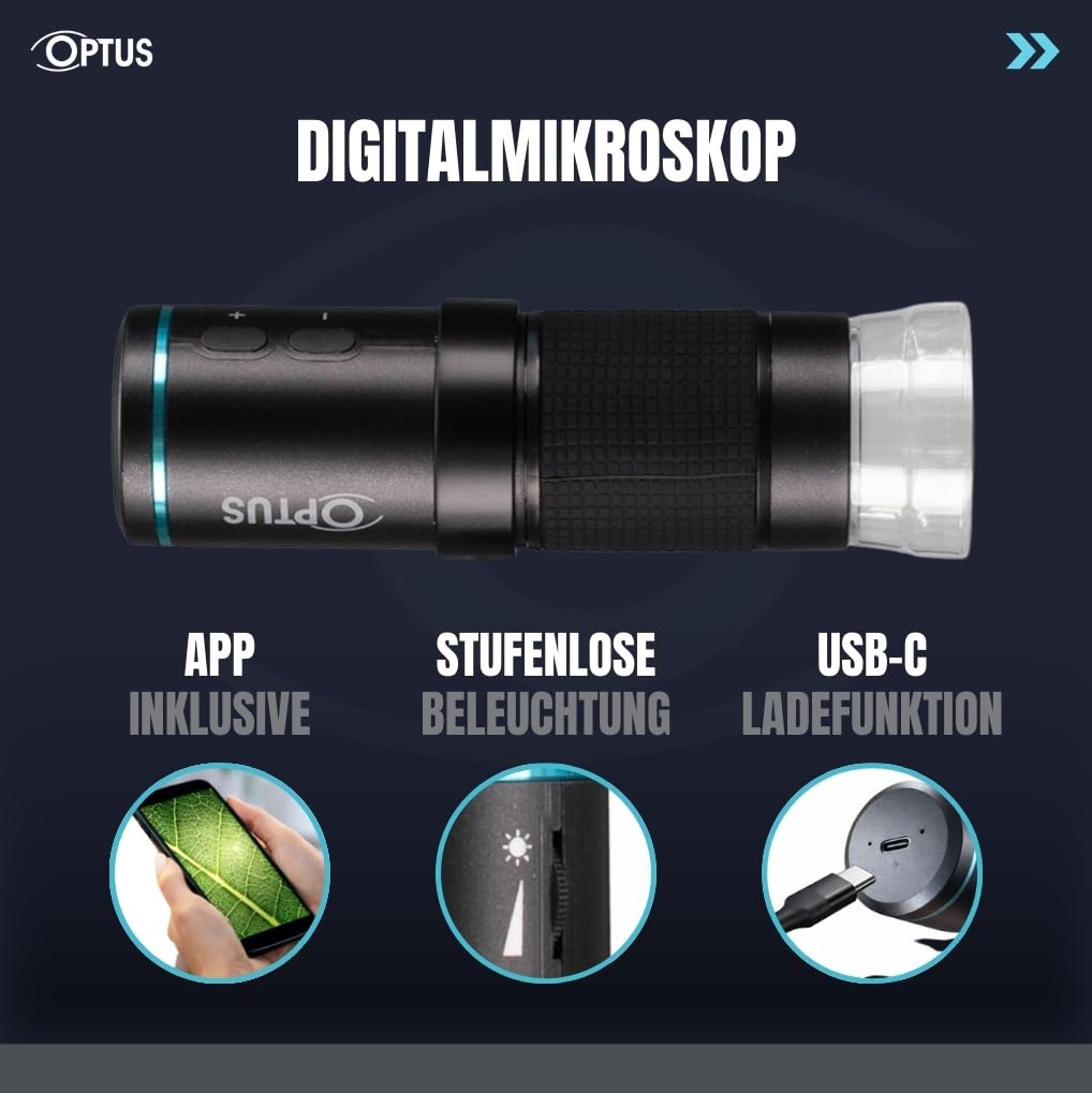 Optus Digitalmikroskop WLAN Full-HD 50x-300x mit Video- und Fotoaufnahme LED dimmbar für Handy, Technik, Schule, Natur, Pflanzen, Hobby