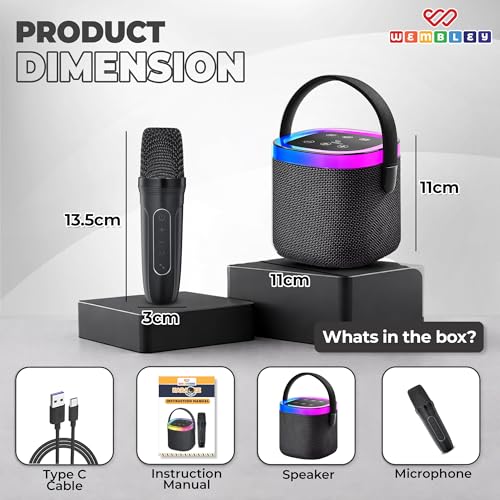 Image of Wembley Karaoke Speaker with Wireless Mic | 5 Voice Modes Mic with Portable Bluetooth Speaker | Splashproof Long Playtime 360 Surround Sound with RGB Lights | Ideal Gift Karaoke System for Home