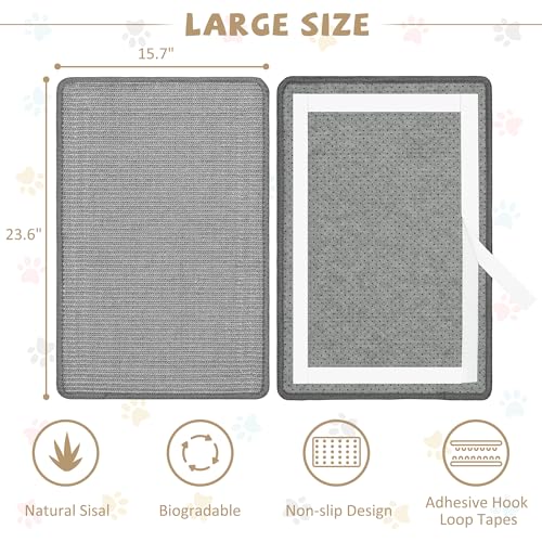 Image of Graciadeco Gray Cat Scratching Mat Sisal, 2 Packs Sisal Fabric Large Cat Scratching Pad for Indoor Cats with Adhesive Hook Loop Tape, Wall Scratchers for Indoor Cats 23.6 inch x 15.7 inch