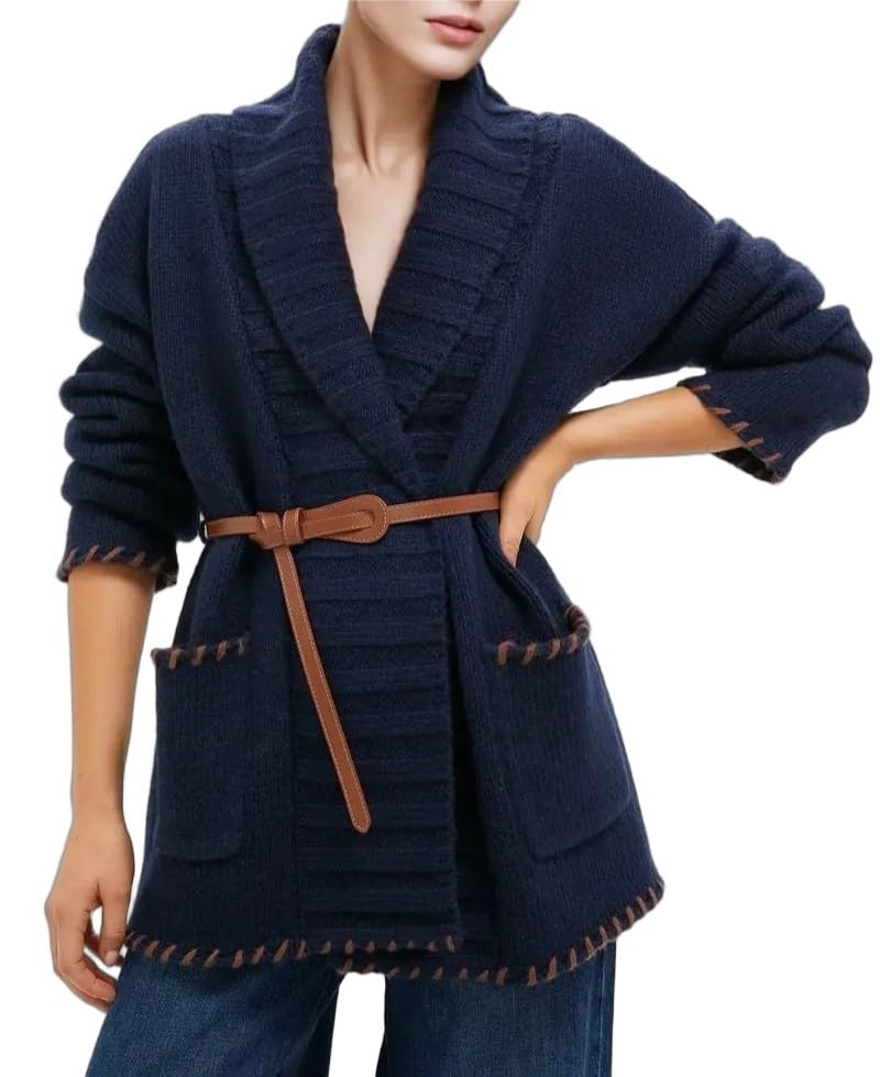 VAOYIU Womens Elegant Knit Cardigan Shawl Collar Versatile Soft Outerwear with Pockets and Stitched Details