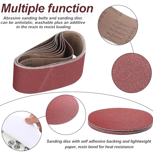 blulu 44 pieces sanding belts and sanding discs set includes 4 x 36 inch belts 80120150240400 grits and 6 inch self adhesive no hole alumina disc for bench combination sander woodworking