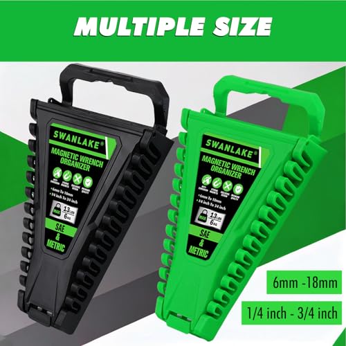 Image of 2-Piece Magnetic Wrench Organizer, Metric & SAE Portable Plastic Wrench Holder, 24-Slot Total, Foldable Carrying Handle for Wall-Mounted, Easy-Open Lock Cover, Wrenches Storage Rack Tool for Tool Box