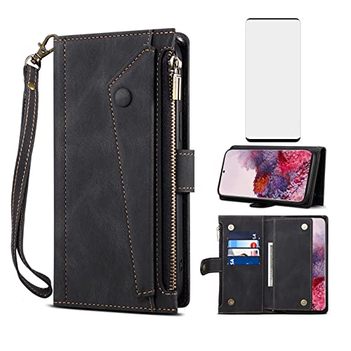 Phone Case For Samsung Galaxy S20 Ultra 5G Wallet Cover With Tempered Glass Screen Protector And Shoulder Crossbody Wrist Strap Flip Zipper Card Holder S20Ultra 20S S 20 A20 S2O 20Ultra G5 Black #TOP24
