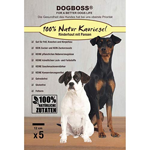 DOGBOSS 100% Natur Kauriegel, Hundeleckerli, gesunder Hundesnack, Rinderhaut mit Pansen, 5 Stück 12 cm