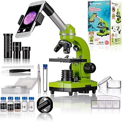 Bresser Microscopio para Estudiantes Biolux Sel con Soporte para Smartphone, Ricos Accesorios y Sistema de Zoom Barlow para niños, Principiantes y Adultos, Color Verde