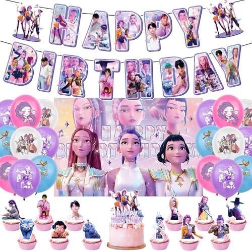 43pcs Kpop Demo Hunte Anniversaire, Thème Dessin animé avec Bannière, Ballons et Toppers à Cupcakes pour Anniversaire d’Enfants (4)