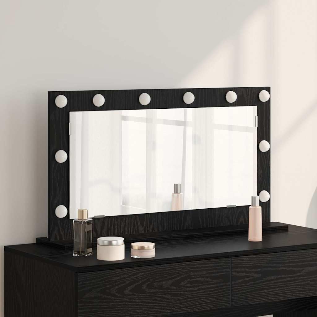 Waschtischspiegel Schwarz Eichen-Optik 80 x 45 x 18 cm mit LED-Streifen, Kosmetikspiegel für Schlafzimmer, Badezimmer und Flur, dekorativer Wandspiegel für Styling und Rasur