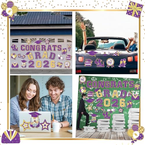 Image of Landhoow 30 Pcs Graduation Car Magnets 2026 Senior Graduation Car Decoration Bumper Sticker Congrats Grad Magnet Magnetic Refrigerator Decal for Grad Parade Party Supplies(Purple, Gold)