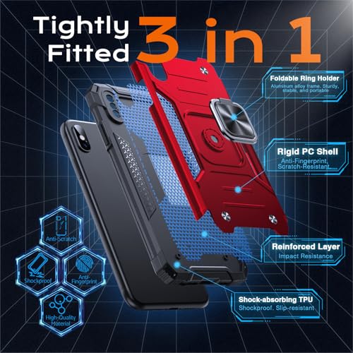 Image of Anqrp Heavy Duty Case for iPhone X /XS Case with Enhanced Ring Holder Grip Stand, Military Grade Shockproof Rugged Drop Protective Silicone Hard Slim iPhone X /XS Phone Case Cover,Corail Red