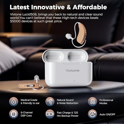 Vivtone Rechargeable Hearing Aids for Seniors Adults, Advanced Multi Channel Digital BTE Hearing Assist, with Recycle Charging Case for 125 Hrs Backup Power, Auto-On/Off, Pair, Lucid508-Beige