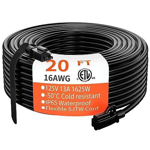 HUANCHAIN Indoor Outdoor Black Extension Cord 20 ft Waterproof 16/3 Gauge Flexible Cold-Resistant Appliance Extension Cord Outside 13A 1625W 16AWG SJTW 3 Prong Electric Cable ETL