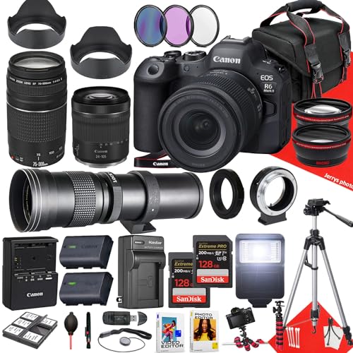 Canon EOS R6 Mark II Mirrorless Camera with 24-105mm f/4-7.1 is STM, 75-300mm and 420-800mm Lens + 2PC 128 GB Memory + Hood + Monopod + Filters + Tripod + More (35pc Bundle), Black (Renewed)
