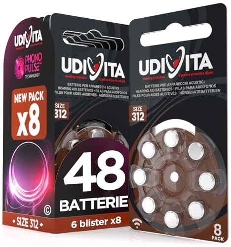 48 Batterie per Apparecchi Acustici Udivita Misura 312 PR41 (Marroni) con Tecnologia Phono Pulse - 6 Blister da 8 Pile