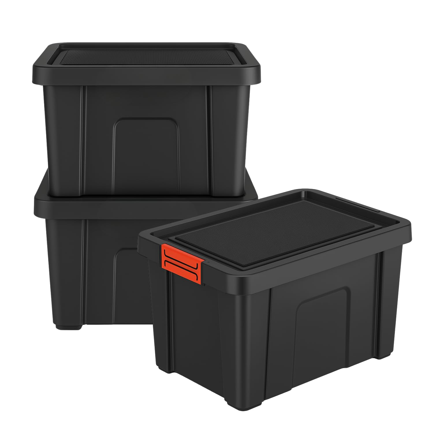 PALUPLUS 3 Contenitori Multiuso Neri da 55 Litri, misura 56x44x30,5 cm, Scatola con Coperchio e Chiusura a Scatto Rossa Soft Touch, Box Impilabile per Garage, Fai da Te, Made in Italy -1648C -6,9