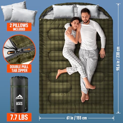 Image of MEREZA Double Sleeping Bag for Adults Mens with Pillow, XL Queen Size Two Person Sleeping Bag for All Season Camping Hiking Backpacking 2 Person Sleeping Bags for Cold Weather & Warm