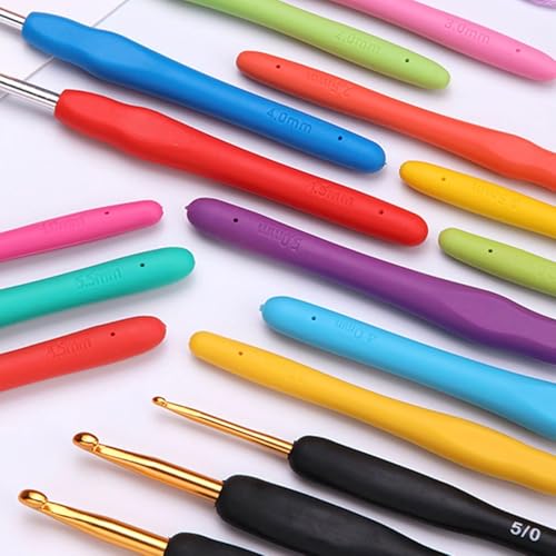 Image of VIRADHAM Crochet Hooks Set of 9 - Aluminum Crochet Needles with Soft Rubber Handles And Stitch Markers - Ergonomic Kit for Arthritic Hands - Comfortable Grip Yarn Craft Tools for All Skill Levels (9 BLACK GOLD)