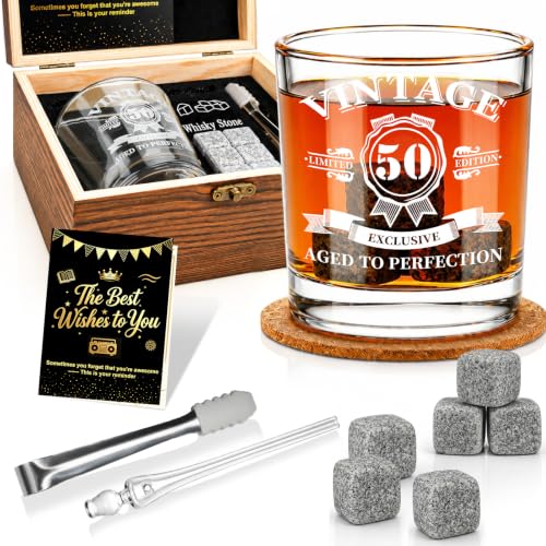 50th Birthday Gifts for Men Whiskey Glass Set, Vintage 1976 Wood Gift Box