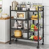 Kitchen Storage Bakers Rack with Wheels - Adjustable 4-Tier Microwave Stand with Storage Shelves, Kitchen Rack with 3 Wire Baskets,Microwave Stand, Metal Kitchen Cart for Pantry, (Black)