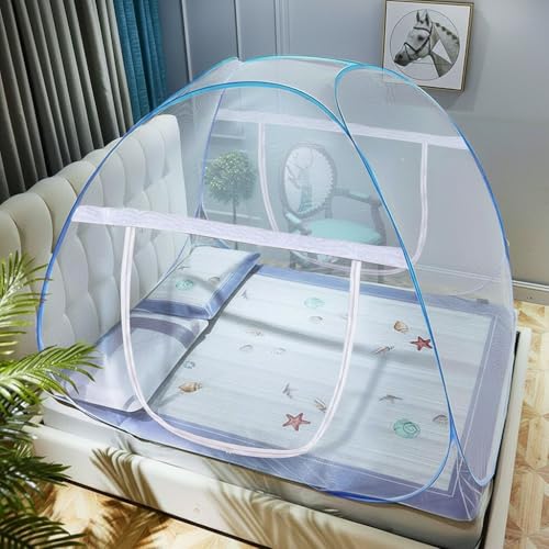 Image of Rainspire Foldable Mosquito Net for Double Bed King Size - Breathable Fine Mesh, with Handle, Heavy Duty Portable Collapsible Mosquito Protection Net for Bedroom Indoor Use - Blue