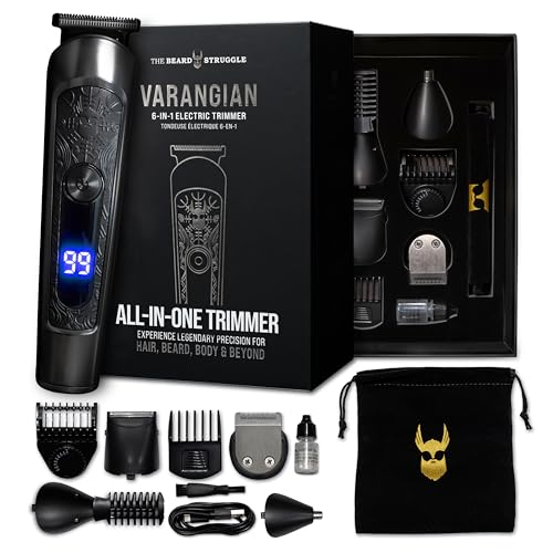 The Beard Struggle Varangian Beard Trimmer 6-in-1 for Hair Beard Body & Beyond Titanium Blade 17 Length Adjustable Blade with Digital LED Display Cordless Waterproof Wet/Dry Clipper