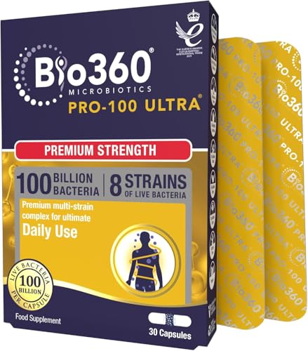 Natures Aid Bio360 Pro-100 Ultra Probiotic 100 Billion Bacteria CFU – High Strength Vegan Supplement Supports Digestive Health, Immunity, Gut Flora & Energy – Gluten-Free, Non-GMO - 30 Capsules