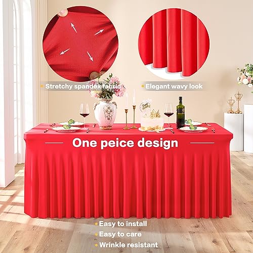 Image of 2 Pack Red Spandex Tablecloths for 6 Foot Rectangle Tables, Wrinkle Free 6ft Fitted Table Cloth Stretchy Table Clothes with Skirt for Parties Weddings Birthday Banquet Baby Shower