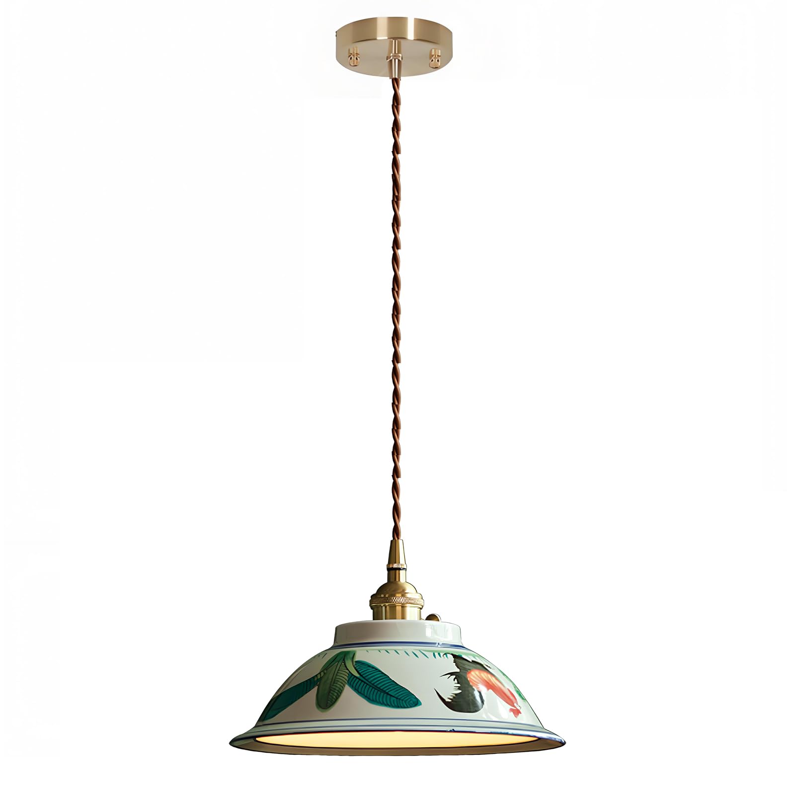 YNVIOZM Vintage Blue and White Porcelain Pendant Light, Ceramic Hanging Ceiling Lighting Fixture Brass Finish Hanging Lamp, for Bedroom Bedside Bar Dining Room Living Room