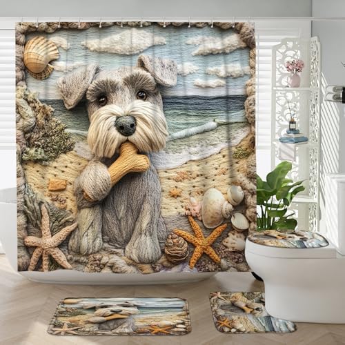 4PCS Funny Schnauzer Dog Bathroom Accessory Sets with Non-Slip Rug, U Shape and Toilet Lid Cover Mat, Coastal Beach Seashell Bathroom Fabric Decor-72''x72''