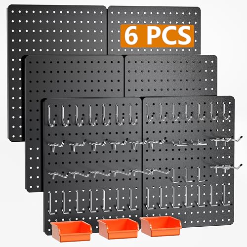 Image of Peg Board, 112PCS Heavy Duty Metal Pegboard with Hooks, 6 Pack Black Peg Board Panels, 60lbs Load Capacity Each, Pegboard Wall Organizer for Garage, Workshop, Kitchen, Craft Rooms