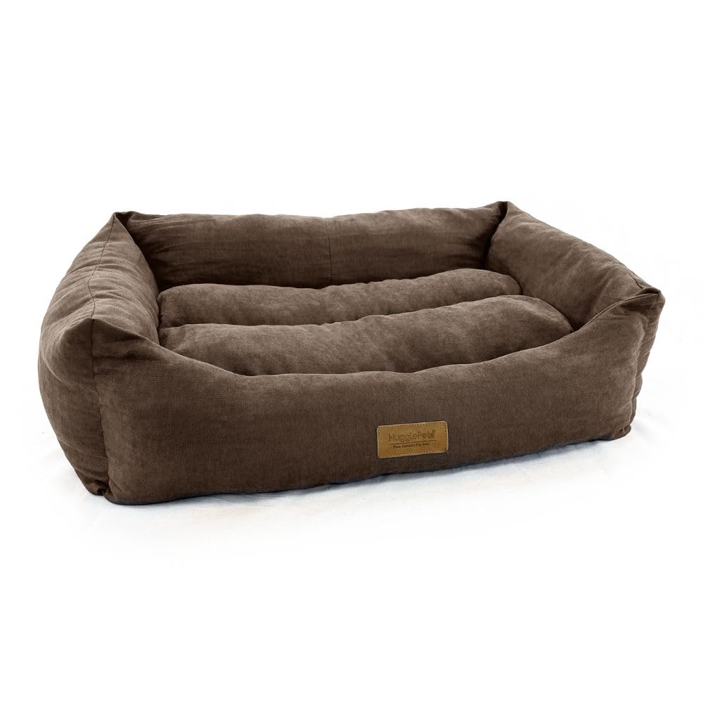 HugglePets Luxury Dog Lounger Bed | Chocolate Brown | Soft Comfort Rectangular Pet Sofa | Premium Plush Machine Washable Cushion with Raised Sides for Comfort | for All Dog Breeds | Large (95 x 75cm)