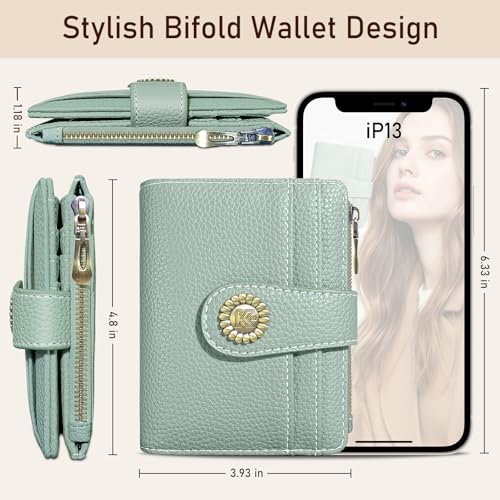 Image of Kelvoris Small Rfid Women Wallet Bifold Zipper Coin Pocket PU Leather Compact Cash Credit Card Holder Travel Wallet for Female Ladies Teen Girls 1 ID Window 10 Card Slots Sage Green