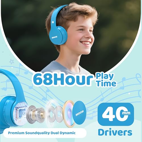 MIDOLA Kids Headphones Bluetooth 5.4 Wireless 68H Play Time Volume Limit 85/94dB Over-Ear Foldable Headset,Type-C Fast Charging,with Wired Aux Mic for Toddler Child Pad Tablet Blue - Image 3