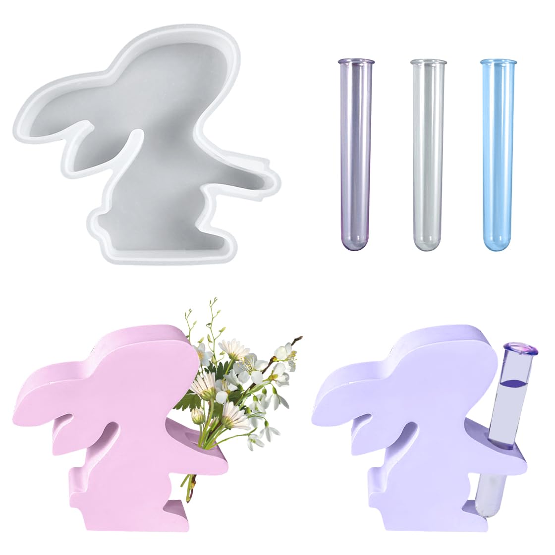 HyzaPhix Gießformen Vase Silikonform Hase mit 3 Reagenzglas, Kaninchen Epoxidharz Formen, Blumenvase Harzform, DIY Propagation Station für Ableger Pflanzen, Ostergeschenke (hase)