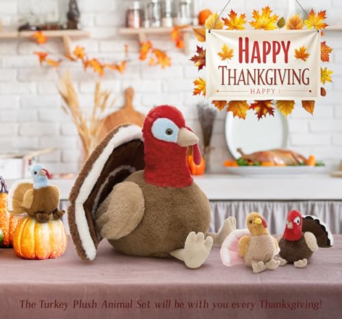 Image of Thanksgiving Turkey Stuffed Animal with 3 Babies, 14 inch Fall Plush