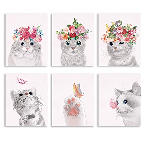 Toile chat et papillon : décoration murale poster enfant lot de 6 toiles sans cadre